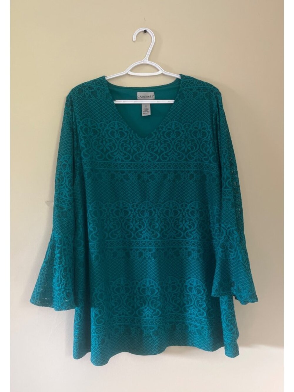 Catherines Womens 1X XLarge Dark Green Lace Tunic Blouse Bell Sleeve Long Sleeve